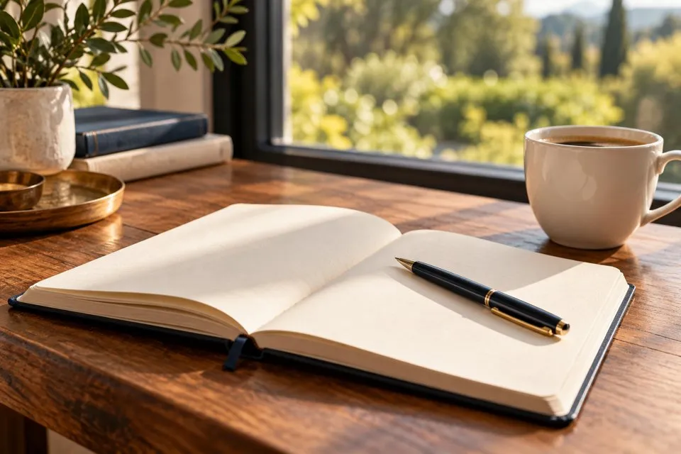 An open notebook and pen beside a window