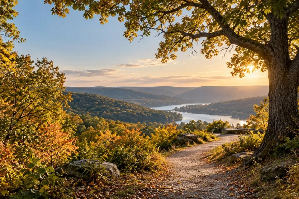 A sheltered woodland path overlooking distant hills